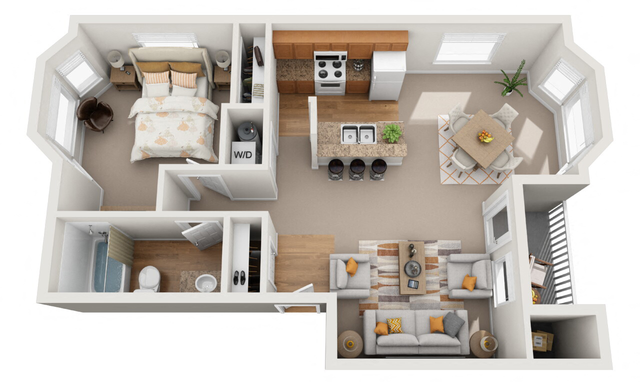 a one bedroom one bathroom floor plan for an apartment in West Richland, WA.